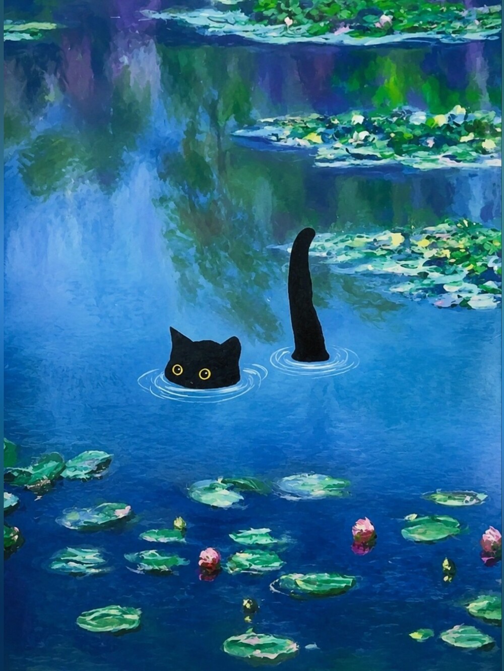 Monet Inspired Black Cat Swimming Art Print 8.5x11
